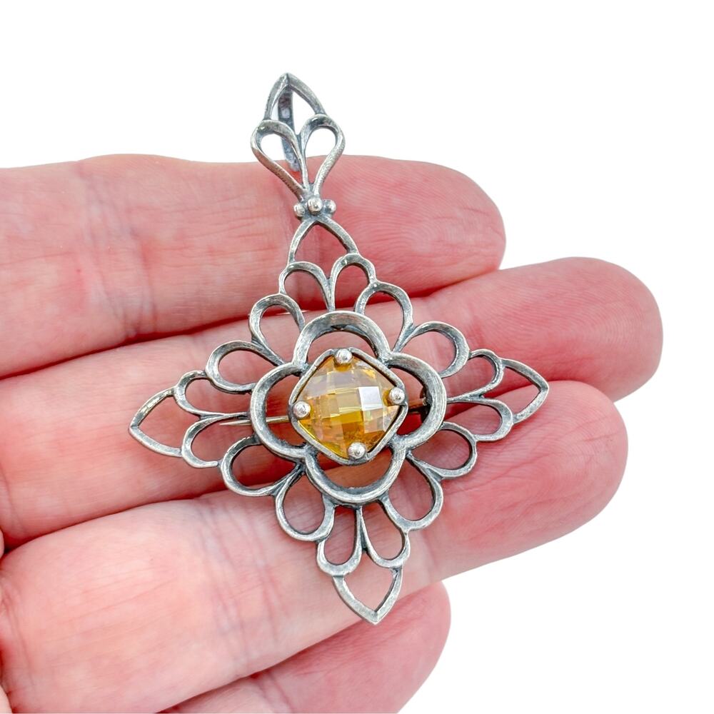 Vintage Sterling Silver 925 Citrine Filigree Brooch Pendant